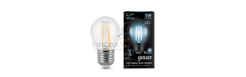 Gauss LED Filament Globe E27 5W 4100K 1/10/50