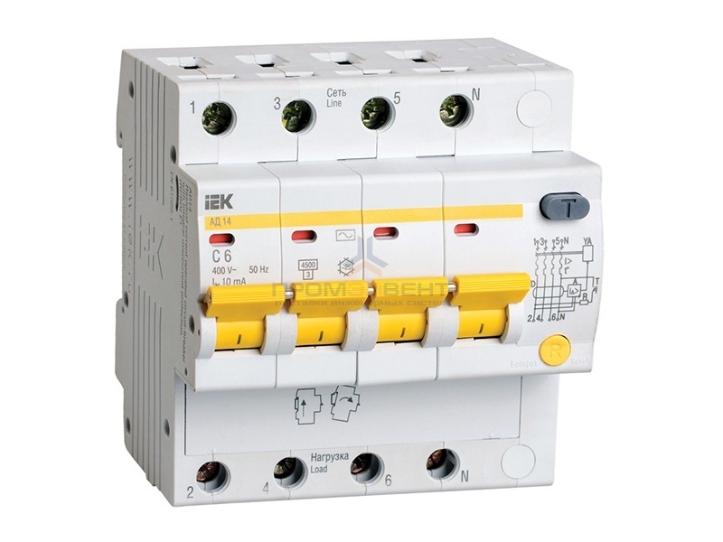 Дифференциальный автомат АД14 4Р  6А 10мА ИЭК